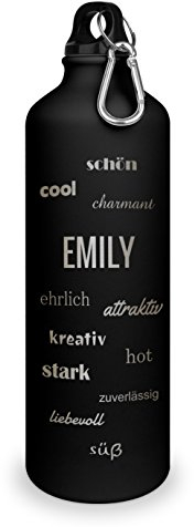 Trinkflasche mit Namen Emily - graviert mit Positive Eigenschaften, Aluminiumflasche mit Gravur, Sportflasche - matt schwarz