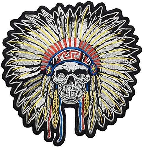 Papapatch Aufnäher / Bügelbild mit Federn, indischer Häuptling, Totenkopf, Biker, Motorräder, Chopper, Jacke, Weste, bestickt, zum Aufnähen oder Aufbügeln, Größe L