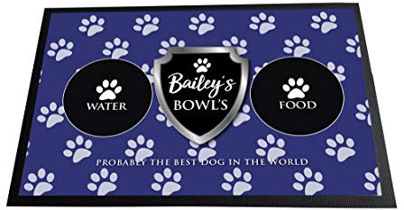 Personalised Pet Dog feeding mat, Paw prints Blue shield, non slip bowls mat
