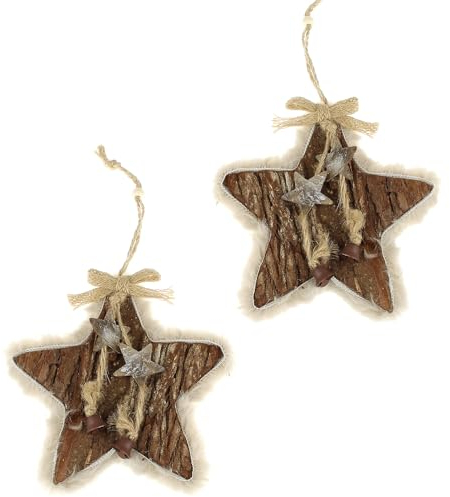 MACOSA GR248-8005_x2 Weihnachtsdeko Stern 2er Set Holz mit Fell 20 cm Naturstern zum hängen Holzstern Dekostern Holz-Dekoration Weihnachten Fenster Tisch-Deko modern