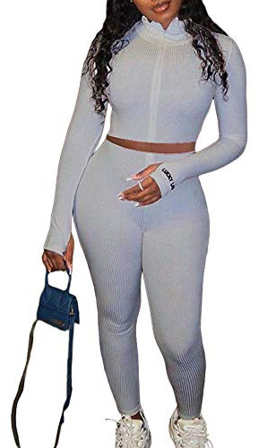 Springcmy Damen Jogginganzug Set 2 Stücke Outfit Langarm Crop Top Casual Yoga Elastische Hohe Taille Hosen Gr. M, A Grey