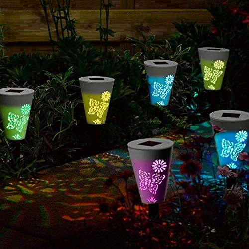 GardenMile 6 luces de estaca de silueta que cambian de color al aire libre iluminación decorativa jardín luces patio césped ornamental lámpara LED de pie linterna mariposa luz floral