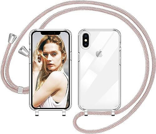 Nupcknn Coque avec Cordon pour iPhone X/XS, Transparent Coque Collier Réglable Téléphone Étui Portable Lanyard Case Protection Complète Cover de iPhone X/XS（Or rose 2）