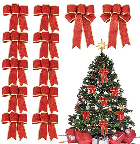 BETESSIN 12 Stücke Weihnachtsschleifen Rot Weihnachten Schleifen Deko Weihnachtsbaum Schleifen Glitzer Weihnachtsbaumschmuck Weihnachtsdeko Weihnachtskranzdeko Homedeko