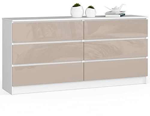 Kommode K-160 mit 6 (2 x 3) Schubladen | für das Wohnzimmer Schlafzimmer Schrank Büro Arbeitszimmer | Modernes Funktionales Design | B160 x H77 x T40 cm, Gewicht 70 kg | Weiß / Glänzender Cappuccino
