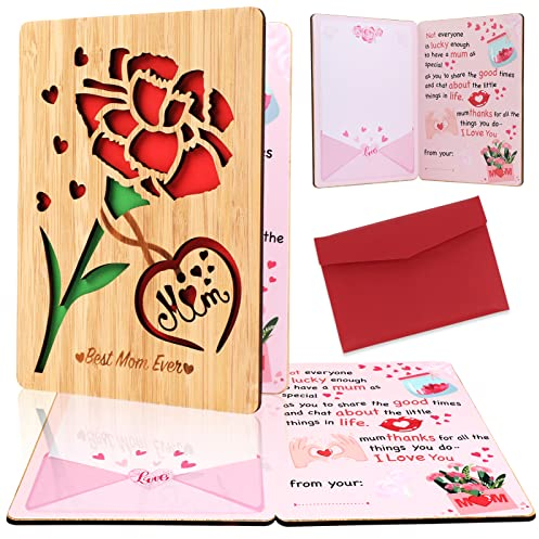 HOWAF Muttertagskarte Handstehendeigte Bambuskarte, Bambusholz Geschenk Karte für Mama Muttertag Grußkarte für Mutter Dankeskarte für die beste Mama der Welt Blumen Dankeskarte zu Muttertag Geburtstag