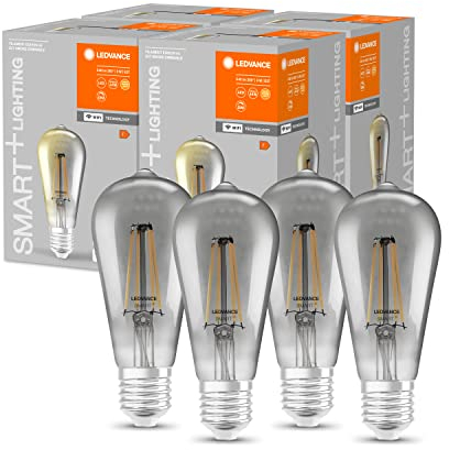 LEDVANCE Smarte LED-Lampe mit Wifi Technologie, Sockel E27, Dimmbar, Warmweiß, Edisonform, Klares Filament im Rauchglas, Ersatz für herkömmliche 44W-Birnen, steuerbar mit Alexa, Google & App, 4er-Pack