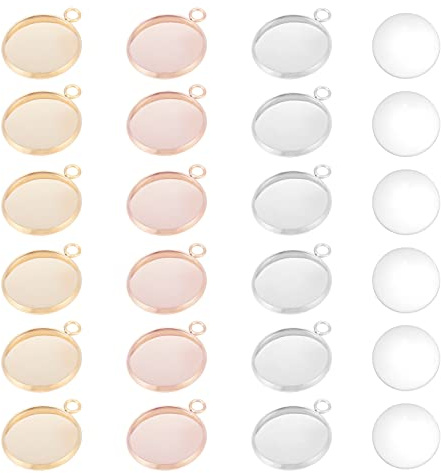 UNICRAFTALE 18 Set 3 Colori 16 mm Piatto Rotondo Vassoio Ciondoli Kit 304 Ciondolo in Acciaio Inossidabile Cabochon Impostazioni e Mezzo Tondo Cabochon in Vetro Trasparente Metallo Ciondolo Fai da Te