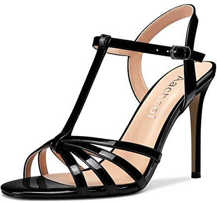 Aachcol Donna T-strap Sandali Spillo Alto High Tacco Heel Aperte sulla Punta Slingback Cinturino alla Caviglia Scarpe 10 CM Nero Verniciata 35 EU