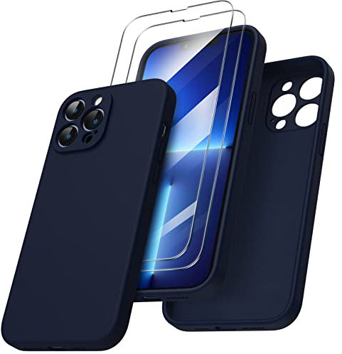 ORNARTO Compatible with iPhone 13 Pro Max Case 6.7 inch, with 2 Screen Protector Liquid Silicone Gel Rubber Cover [Full Body] Shockproof Protective Phone Case for iPhone 13 Pro Max-Navy Blue