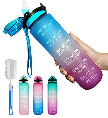 BPA-freie, motivierende Wasserflasche mit Zeitmarkierung und abnehmbarem Strohhalm, perfekt für Fitness, Fitnessstudio und Outdoor-Sportarten (blau/violetter Farbverlauf)