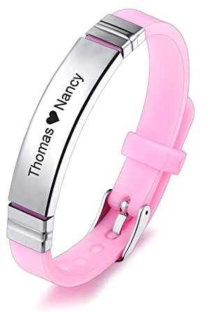 INBLUE Bracciale con Targhetta Personalizzata Nome/Citazione Targhetta in Acciaio Inossidabile Bracciale Regolabile in Silicone per Uomo Donna (Cinturino Rosa e Etichetta Argento)