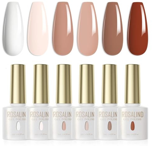 ROSALIND UV Nagellack 6 Farben Weiß Hellrosa Khaki Braun Haferflocken Farbe Gel Nagellack Set Farbgel für Gelnägel Soak Off UV LED Gel Nail Polish Für UV Lampe Salon Design Kit