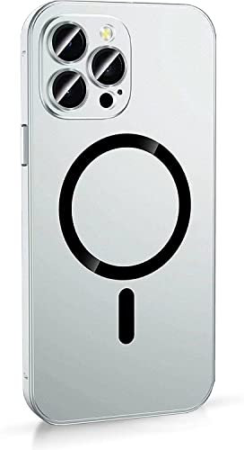 Magnetic Charging Aluminium Metal Bumper Matte Case Cover for iPhone 14 13 Plus Pro Max, Supports Wireless Charging, Phone Case with the Origin of Built-in 36 Magnets (Silver,for iPhone 14 Pro Max)