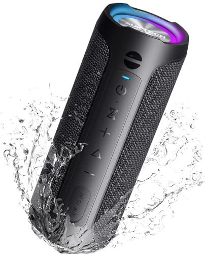 AUKTECH Bluetooth Lautsprecher Musikbox Bluetooth(30m) mit 24W Kraftvollen Stereo Sound, RGB Licht, IPX7 Wasserdicht, Freisprechfunktion, 20H Akkulaufzeit
