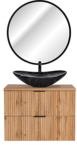 Lomadox Badmöbel Gäste WC Bad Set, 80 cm Waschtisch-Unterschrank Wotaneiche mit 61,5 cm Keramik Waschbecken, 80 cm LED-Spiegel mit Touchfunktion