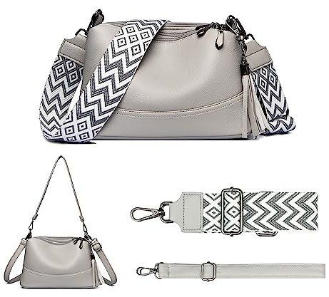 LANXINGLUO Umhängetasche Damen Klein Handtasche Mehrere Taschen Crossbody Bag Grau Mit 3 austauschbaren Schultergurten