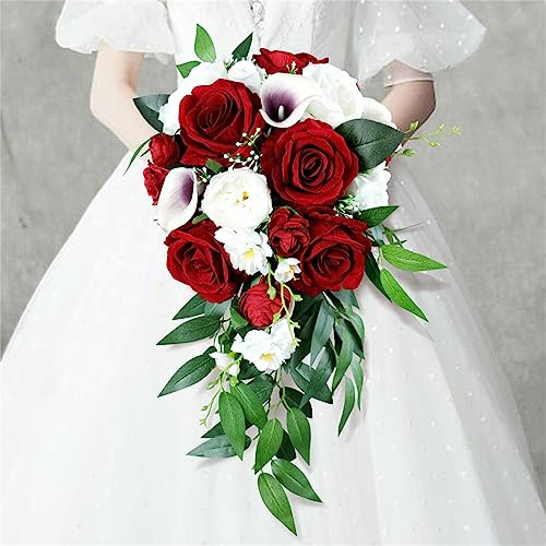 Tkasniy Handgefertigte Hochzeitssträuße für die Braut, künstlicher rot-weißer Rosen-Brautstrauß, Wasserfall-Brautstrauß mit langem Band für französische Hochzeitsfeier, Heimdekoration, Rot B