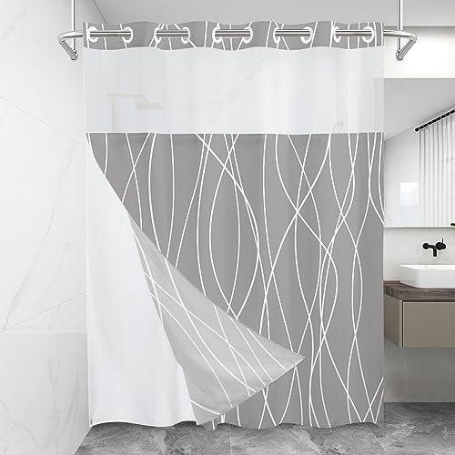 LXBNI Rideau de douche à rayures gris clair sans crochet avec doublure à clipser – Ensemble de rideau de douche d'hôtel et doublure avec fenêtre supérieure en maille transparente, lavable en machine
