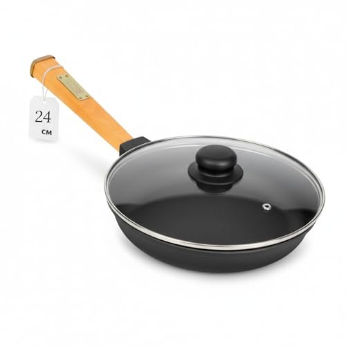 Gusseisenpfanne mit Glasdeckel 24 cm mit Holzgriff abschraubbar Pfanne Gusseisen Bratpfanne Steakpfannen Cast Iron Pan Feuerpfanne für Gasgrill, Backofen, Feuerstelle alle Herdarten inkl. Induktion
