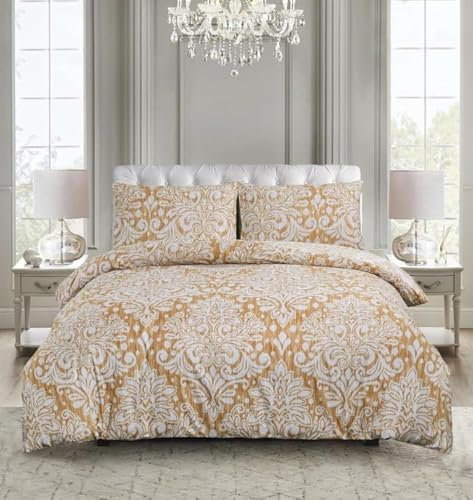 PRIME LINENS Duvet Cover Set 4 Pcs Polyester-Cotton Quilt Cover Bedding Set With Pillow Cases and Extra Fitted Sheet Included (Royal Damask Gold, Double)