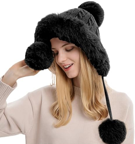 Rayson Sombrero de Invierno Mujer Cálido Gorro de Punto con Pompón Grueso Forro Pola Tres Bolas Caliente Gorro para Protección Oídos Exterior(Negro)