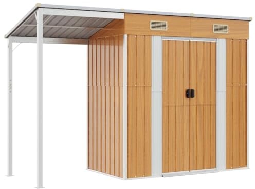 vidaXL Abri de Jardin avec Toit Prolongé, Cabane à Outils avec Poignées, Remise à Outils, Abri de Rangement Terrasse, Marron Clair 277x107x181 cm Acier