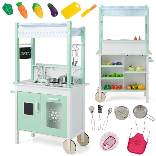 DREAMADE doppelseitige Kinderküche & Kaufladen mit 17 TLG. Zubehör & Lichteffekte, Miniküche Kinderspielküche mit Spülbecken Wasserhahn Backofen Herd, Spielküche aus Holz für Jungen und Mädchen ab 3