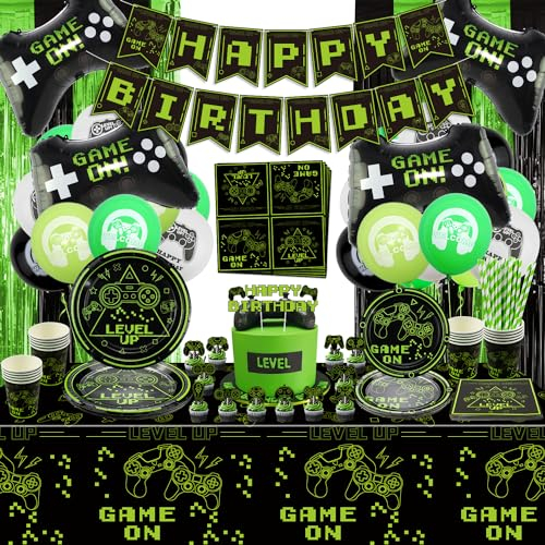 Hegbolke Decoraciones para fiestas de videojuegos: incluye juegos en platos, servilletas para subir de nivel, vasos, pancarta de cumpleaños, globos, cortina con flecos para niños, juegos para subir de