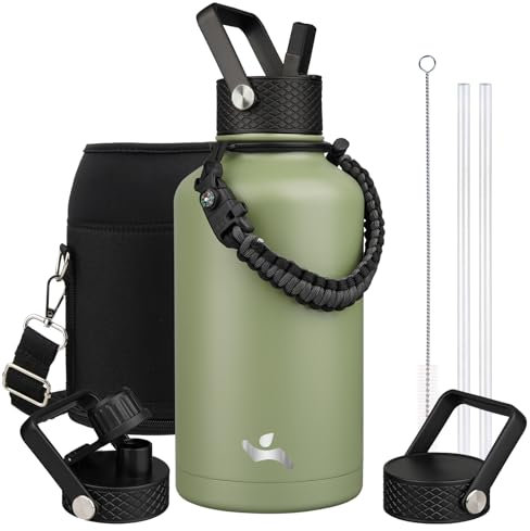 Half Gallon Insulated Water Bottle with Straw,64oz 3 Lids Water Jug with Carrying Bag,Paracord Handle, Double Wall Vacuum Stainless Steel Metal Flask,Camp Green