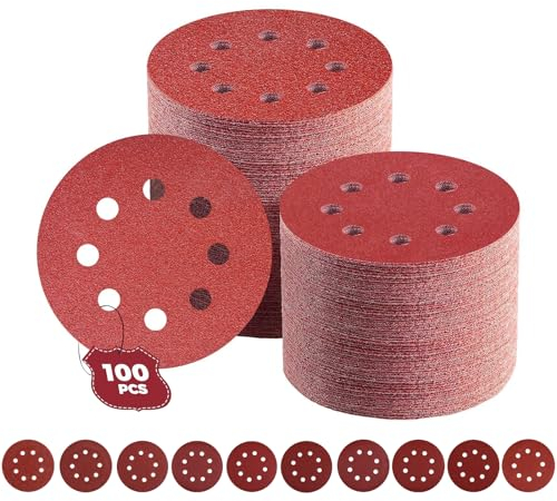 100 Piezas Discos de Lija, 125mm Velcro Papel Abrasivo Autoadhesivos, 8 Agujeros Discos de Pulir para Lijadora orbital Aleatoria 5 Pulgadas (40/60/80/100/120/150/180/240/320/400 granos)