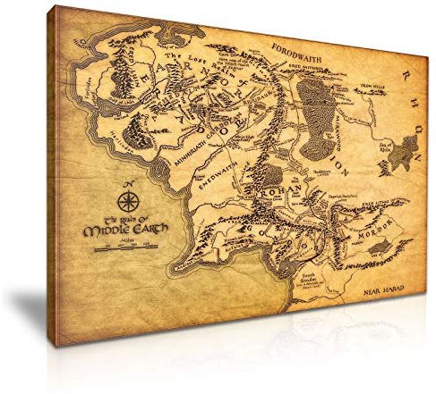 YES ART Lord of the Rings Map of Middle Earth Movie Stretched Canvas Print Best Gift For Lord of the Rings Movie Fans Modern Home Office Hotel Decoration (S: 45cm x 30 cm)