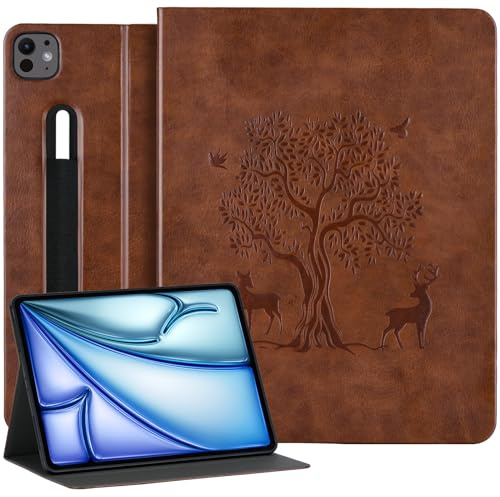 HFcoupe Slim Case for iPad Air 13-inch M4 2026, M3 2025, M2 2024 & iPad Pro 12.9-inch (6th/5th/4th Gen), Embossed Book-Style Cover with Elastic Pencil Holder, Auto Wake/Sleep, Tan