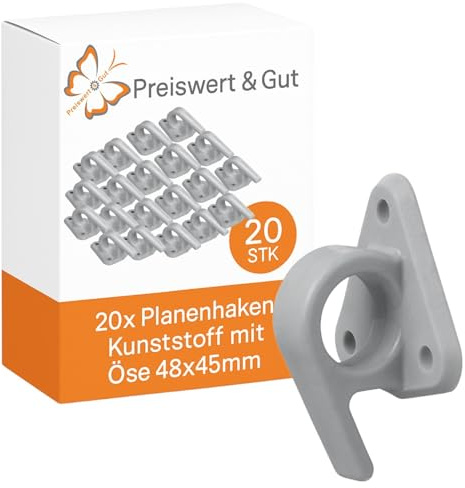 20 STK Planenhaken Anhängerplane Kunststoff mit Zurröse 48 x 45 mm | Befestigungshaken und Netzhaken für PKW Anhänger, Planen und Zelte, witterungsbeständig für Seile und Spanngummis.