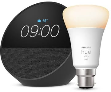 Echo Spot | Black + Philips Hue White LED Smart Light Bulb (B22), Works with Amazon Alexa Devices - Smart Home Starter Kit