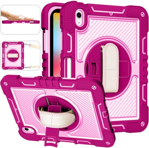 ERDARARIPRO Custodia per tablet Apple iPad 10 (2022) da 11,9 pollici, custodia antiurto con supporto girevole a 360° e cinturino da polso, tracolla rossa rosa e rosa