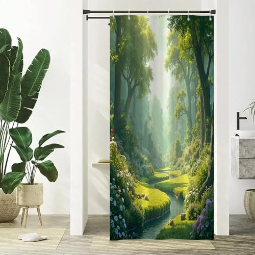 Xiaoterna Rideau de douche avec plantes florales Vert printemps nature forêt rideau de bain Vert arbres hauts fleur fleuve ruisseau nature rideau de douche Décoration salle de bain 90x180cm
