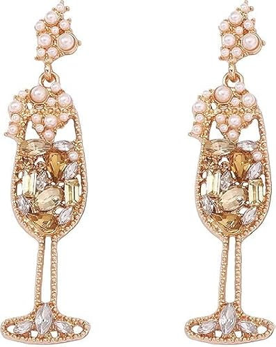 Weinglas Ohrringe für Damen - Obst und Champagner Design, Festliche Party-Schmuck, Tropfen-Ohrringe (Gold)