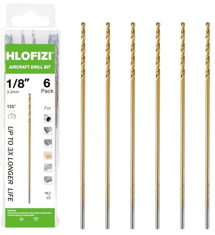 HLOFIZI 1/8 x 6 Inch Extra Long Drill Bits (6 Pack), Aircraft Drill Bit Titanium M2 High Speed Steel for Wood, Plastic, PVC, Thin Metal Sheet