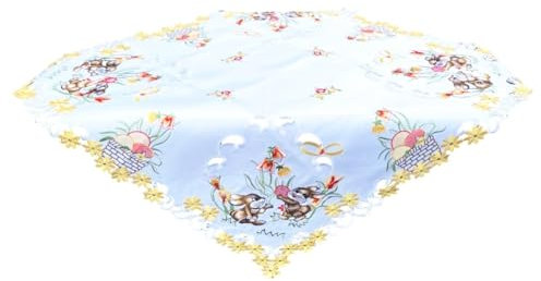 Gelbe Tulpen, Osterhasen, weiße Osterdecke, Tischläufer Tischdecke Mitteldecke (ca. 85x85 cm)