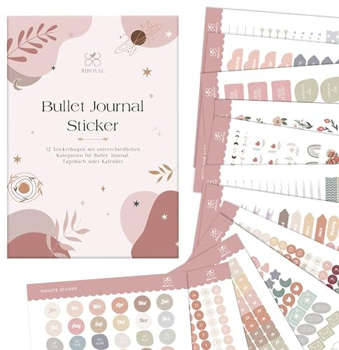 BIROYAL Bullet Journal Sticker Set, 12 Blätter/1000 Aufkleber, Kalender Stickers, Aesthetic Planner Stickers, Sticker Set, Kalender Aufkleber für Bullet Journal, Tagebuch & Planner