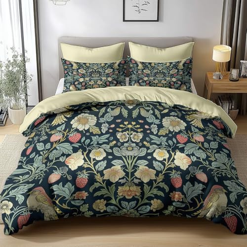 Generisch William Morris Vögel Erdbeere 3D Druck Bettbezug Wende Bettwäsche Set 135x200cm Mikrofaser Bettwäsche 3 Teilig Mit Kissenbezug Mit Reißverschluss Kinder Erwachsener Bettdeckenbezug
