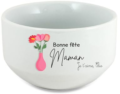 Bol en céramique 650ml - Design Bouquet de Fleurs + 'Bonne fête Maman' Personnalisable - Option avec 'Je t'aime [prénom]' ou prénom - Cadeau fête des mères Unique
