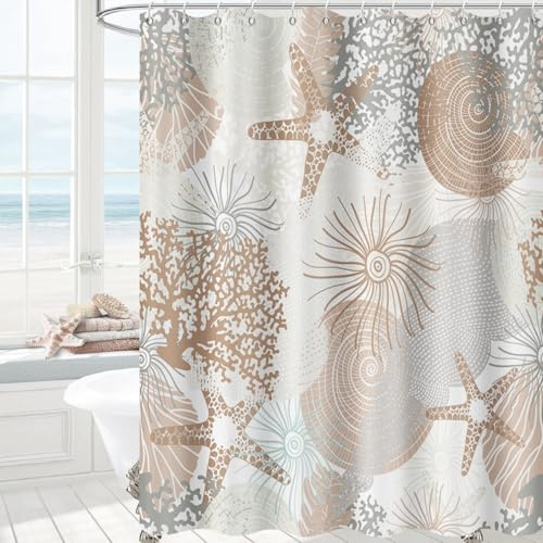 GCIREC Duschvorhang, 180x200cm, Braun Sommer Nautisch Küste Strand Thema Seestern Muschel Grau Koralle Wasserdicht Stoff Badezimmer Vorhang Maschinenwaschbar mit Häkchen