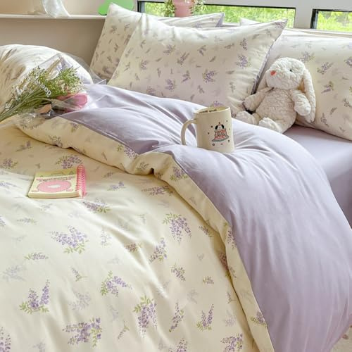Nyescasa Duvet Cover Single White Purple Floral Flowers Botanical Meadow Bedding Set Purple Lavender Flower Print Microfibre Comforter Cover 135x200 cm with Zipper Closure and 1 Pillowcase 50x75 cm