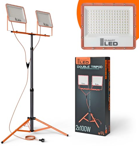 SmartLED Baustrahler Arbeitsstrahler mit Stativ 2x100W, LED Strahler 2x11000 Lumen, Orange, 1,60 m Einstellbar Teleskopisch, 360° Grad Drehung, 180 cm Kabel, IP65 (2x 100W 22000lm)