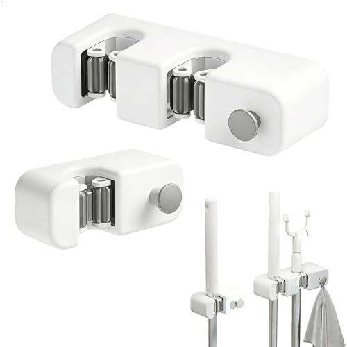 Besenhalterung Wand, Besenhalter, Gerätehalter 2er Set, Aufhängung Gartengeräte Gerätehalter Wand Halterung Gartengeräte, Hochwertiger ABS Besenstiel Halterung, Weiß 11x6.5x4.5cm & 17.5x6.5x4.5cm
