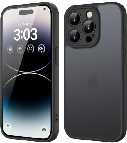 ORDA für iPhone 14 Pro Hülle, Vollständiger Kameraschutz Stoßfest, Schwarz | Matt Handyhülle, Kratzfest Transluzente Rückseite Schutzhülle, Anti-Fingerabdruck Case