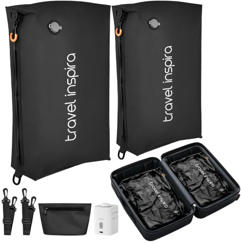 travel inspira 2X TPU Vakuumbeutel für Kleidung Wasserdichtes Reisebeutel | TPU 22L 50% Platzsparend USB-C Aufladbare Pumpe 4500Pa mit Einzelnem Waschbeutel Wiederverwendbar Aufbewahrung & Organisation