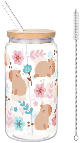 Thapncow Tasse verre transparente, Tasse en verre avec couvercle et paille, Motif capybara & fleurs, Matériaux de qualité et sûrs, 500ml, pour café, lait, jus, smoothie